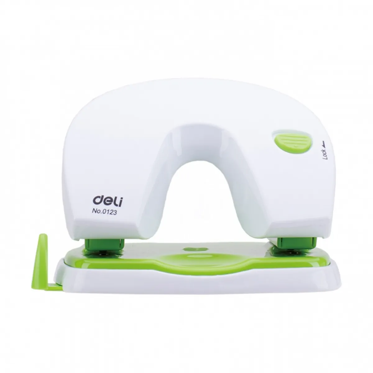 Перфоратор Deli Vivid, E0123, за 20 л.(80 г), с ограничител, пластмаса + метал, бял/зелен