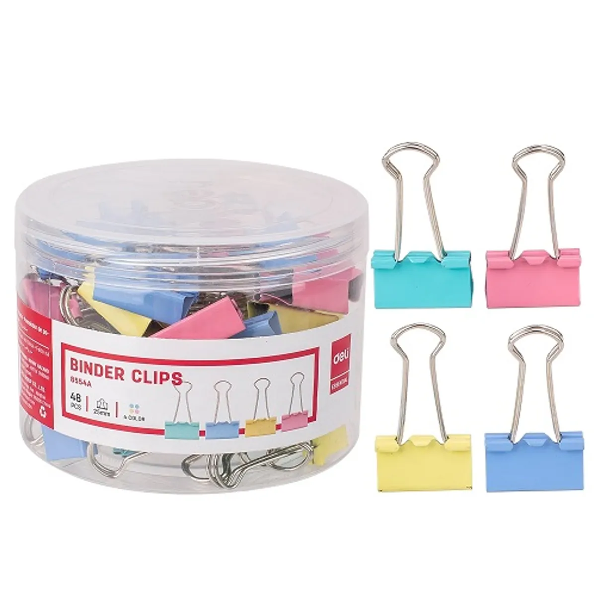 Метални щипки Deli Essential, 25 мм, E8554A, цветни, бурканче 48 бр.