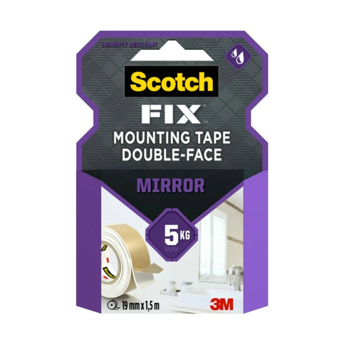 Монтажна лента Scotch-FIX Bath & Mirror 4496W-1915-P, 19 мм x 1.5 м, издържливост 5 кг, 1 кг/200 мм