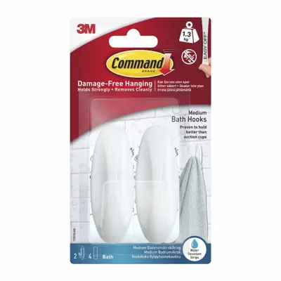 Корица на „Куки за окачване 3М Command™ 170818-UKN, Medium за баня , 80x29x30 мм, 2 куки, 4 ленти, бели"