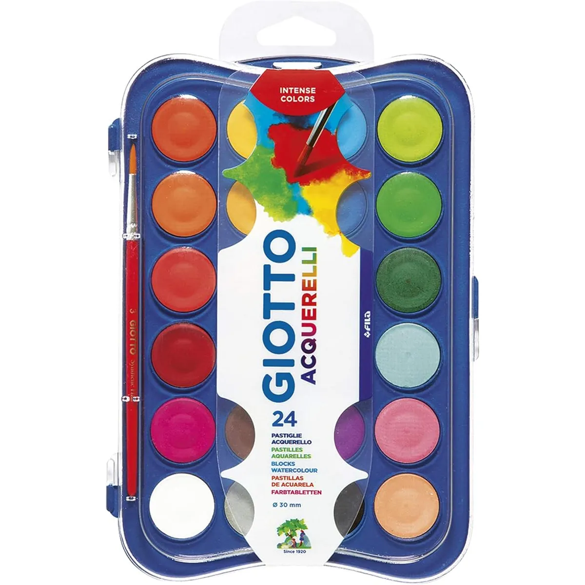 Акварелни бои Giotto ф 30 мм, 24 цвята + четка