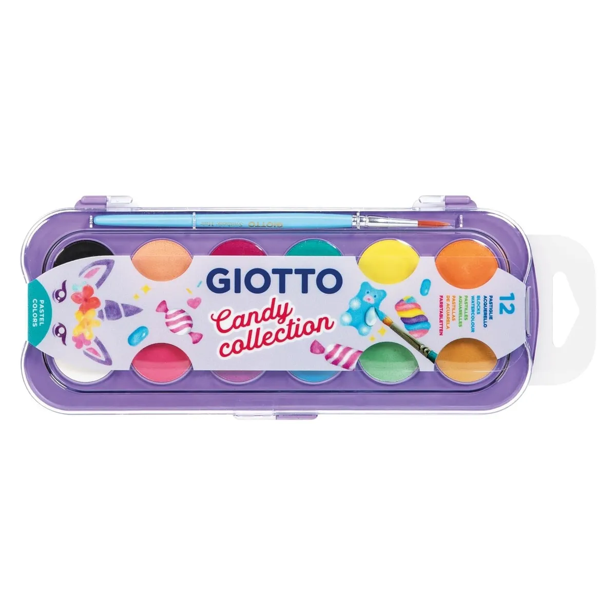 Акварелни бои GIOTTO Candy Collection, ф 30 мм, 12 цвята + четка