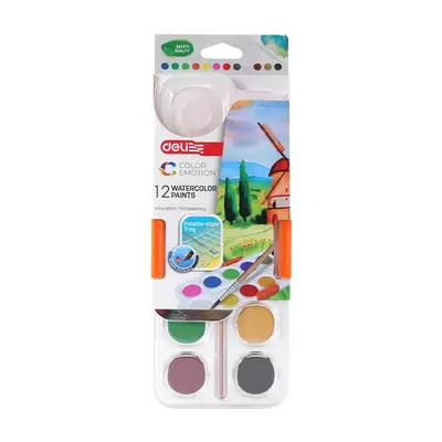 Корица на „Акварелни бои Deli Color Emotion EC10-12, ф 28 мм, ф 40 мм бял цвят, 12 цвята + четка"