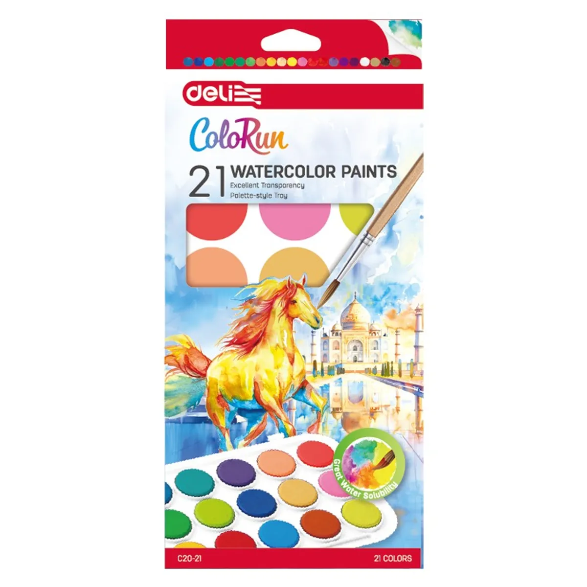 Акварелни бои Deli ColoRun, 21 цв.+ четка
