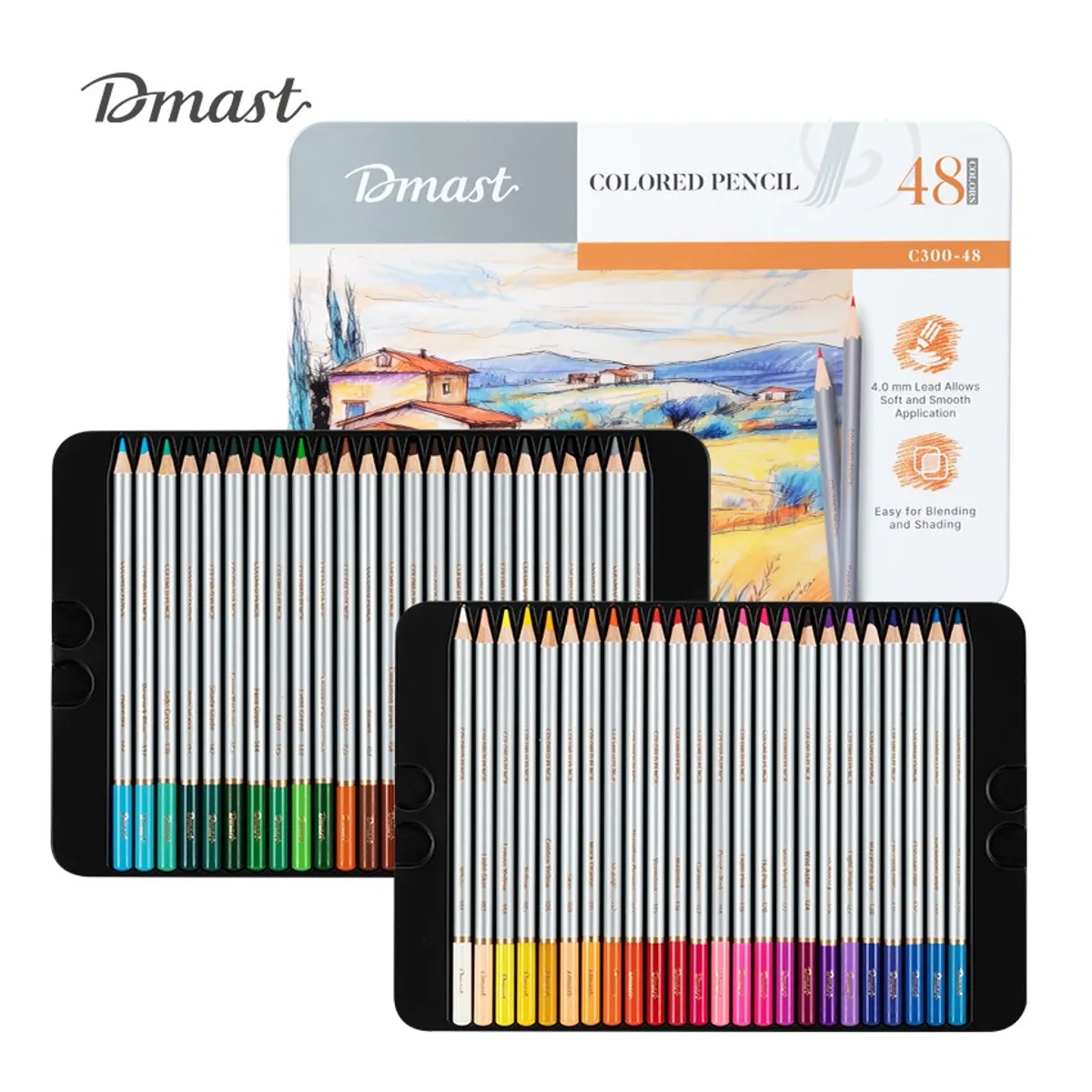 Цветни моливи Deli Dmast EC300-48, кръгло тяло, 48 цвята, в метална кутия