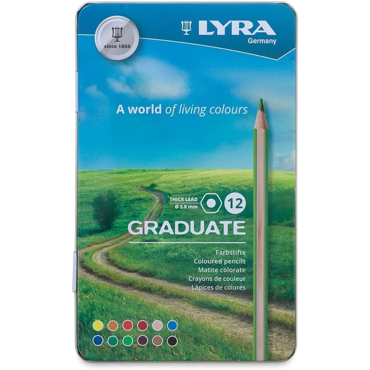 Цветни моливи LYRA Graduate, шестоъгълно тяло, 12 цвята, в метална кутия
