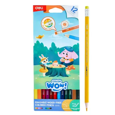 Корица на „Изтриваеми цветни моливи Deli Color wow! EC102-12, с гума, шестоъгълно тяло, 12 цвята"