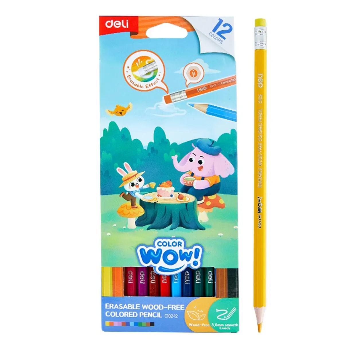Изтриваеми цветни моливи Deli Color wow! EC102-12, с гума, шестоъгълно тяло, 12 цвята