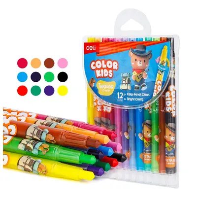 Корица на „Пастели пластик Deli Color Kids EC223-12, въртящ механизъм, ф10 мм, 165 мм, 12 цвята, в PVC опаковка"