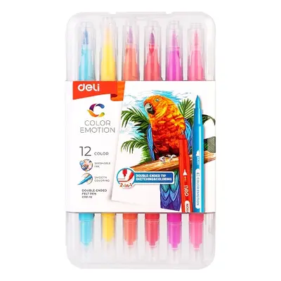Корица на „Флумастери четка Deli Color Emotion EC151-12, четка и тънкописец, 12 цвята"