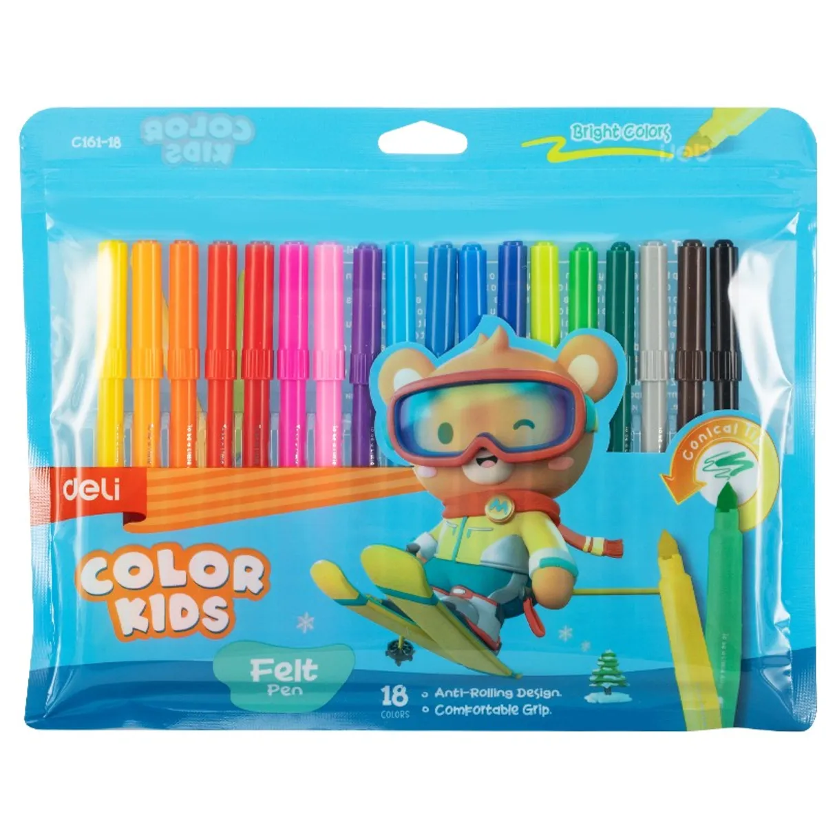 Флумастери Deli Color Kids EC161-18, връх 5 мм, 18 цвята, PVC опаковка