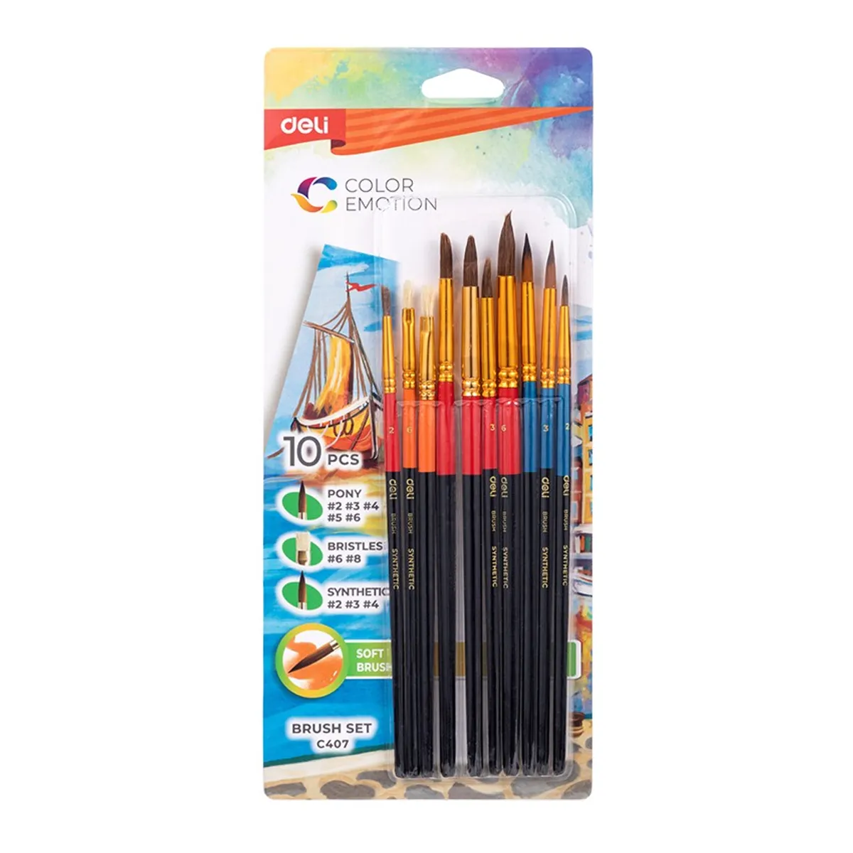 Комплект четки за рисуване Deli Color Emotion EC407, обли/плоски, естествен/изкуствен косъм, 10 бр.