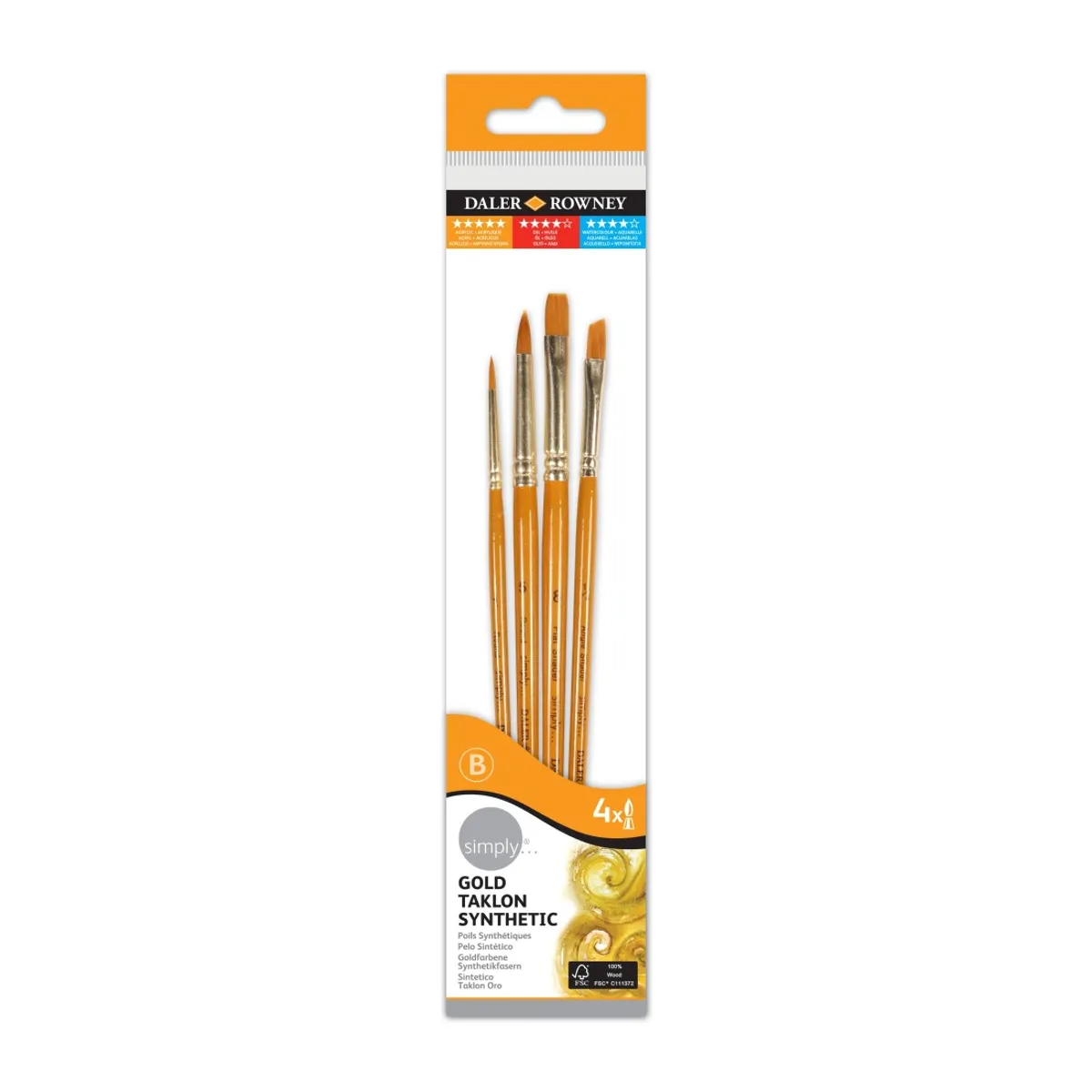 Комплект четки за рисуване DALER-ROWNEY Simply Gold Taklon, изк. косъм, обли №1, 5, плоски № 8, 1/4