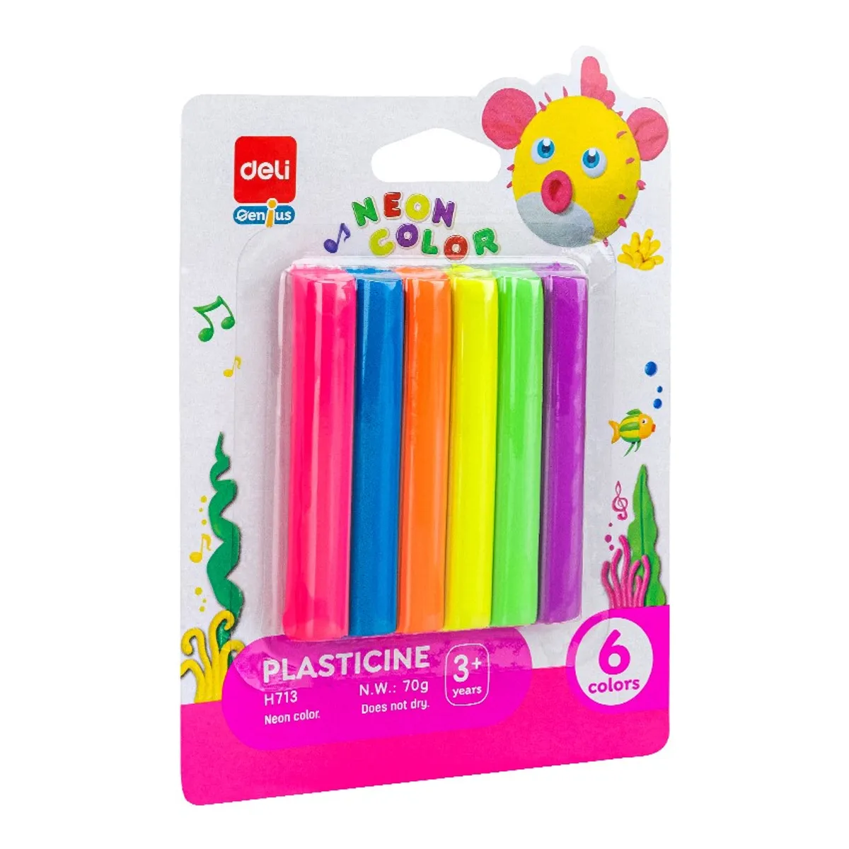Пластилин Deli Genius Neon EH713, 70 г, 6 цвята неон