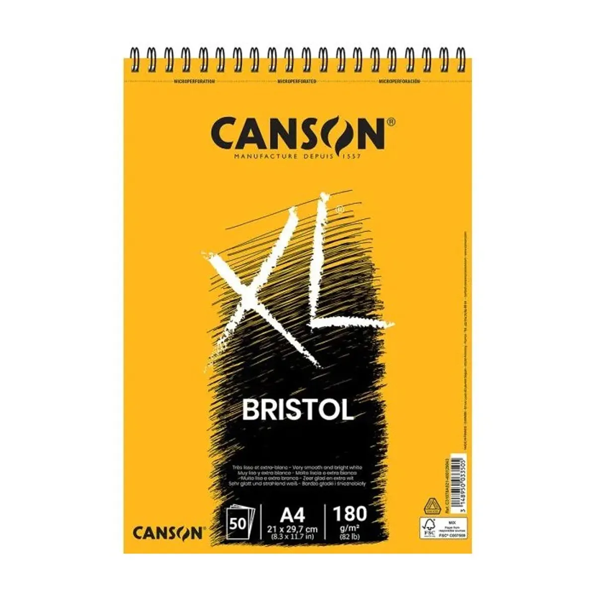 Скицник със спирала CANSON XL Bristol, за молив, мастило, маркери, A4, 180 г/кв.м, very smooth, 50 л