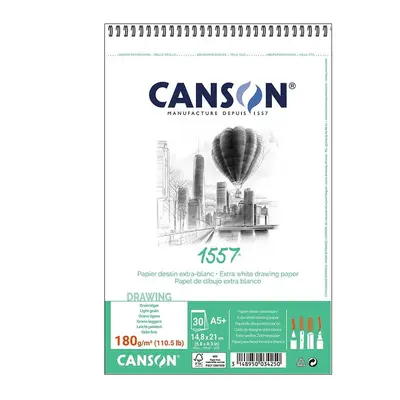Корица на „Скицник със спирала CANSON 1557, за молив, въглен, пастел, мастило, A5+,180 г/кв.м, light grain,30 л"