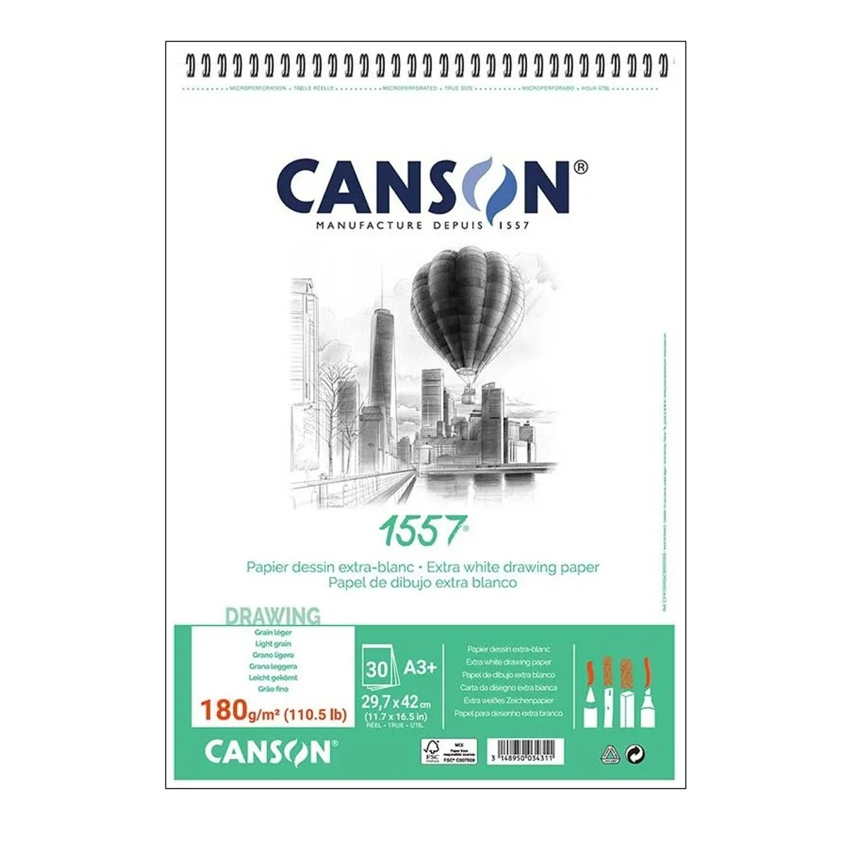 Скицник със спирала CANSON 1557, за молив, въглен, пастел, мастило, A3+,180 г/кв.м, light grain,30 л