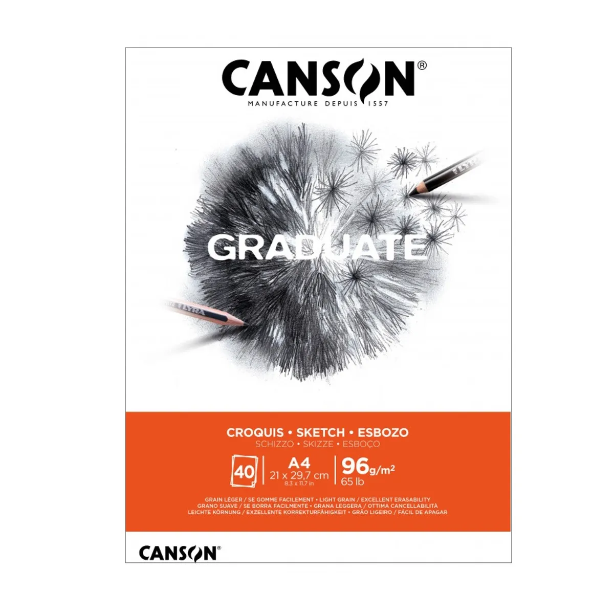 Скицник CANSON GRADUATE Croquis, за моливи и въглен, A4, 96 г/кв.м, light grain, 40 л.