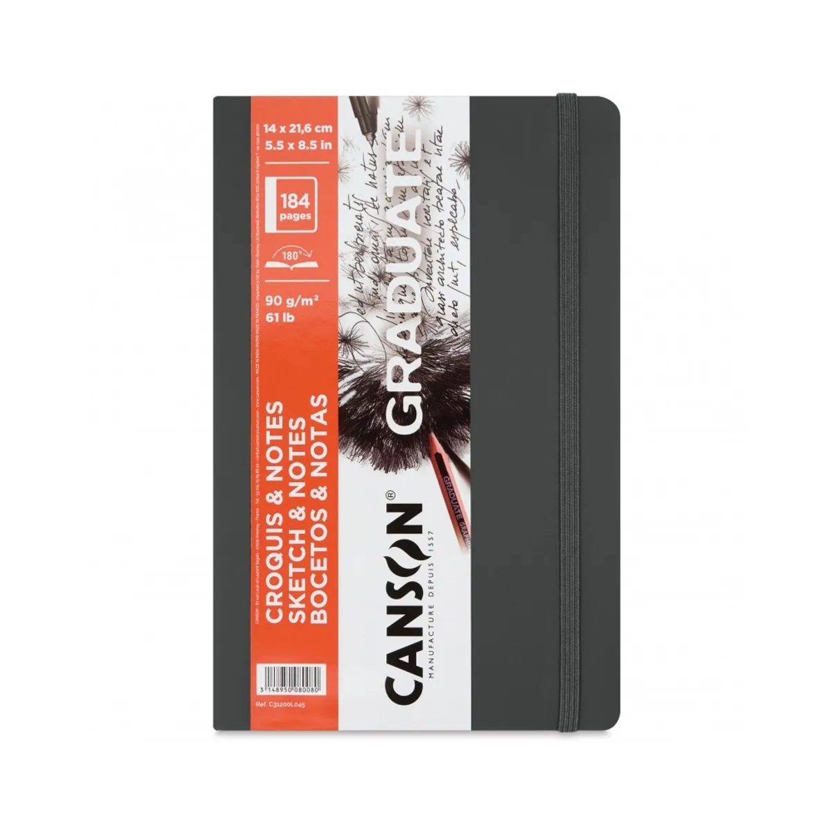 Скечбук CANSON GRADUATE Croquis&Notes, с ластик, 140х216 мм, 90 г/кв.м, 92 л., тъмносив