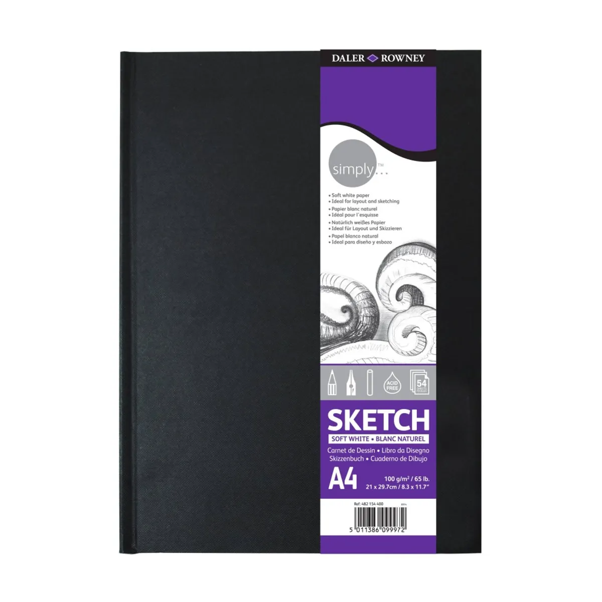 Скечбук DALER-ROWNEY Simply Soft, за сухи техники, А4, 100 г/кв.м, твърди корици, 54 л.