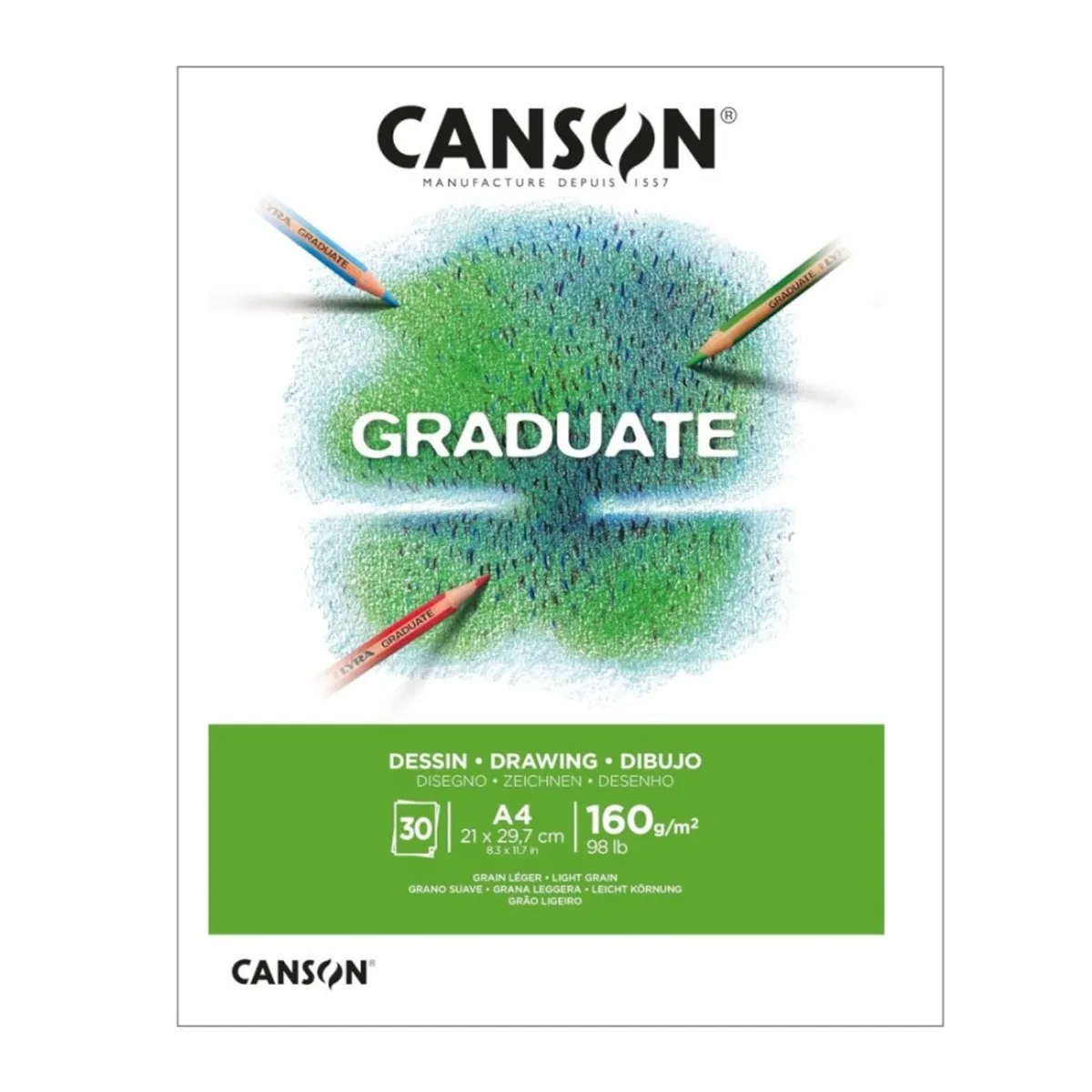 Скицник CANSON GRADUATE Drawing White, за моливи и въглен, A4, 160 г/кв.м, light grain, 30 л.