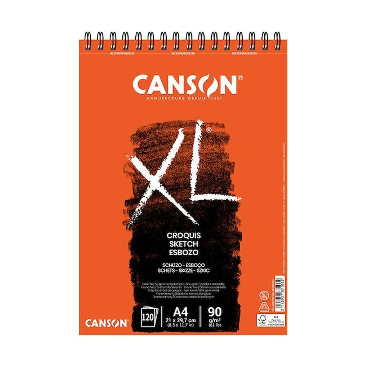 Скицник със спирала CANSON XL Croquis, за сухи техники, A4, 90 г/кв.м, fine grain, 120 л.