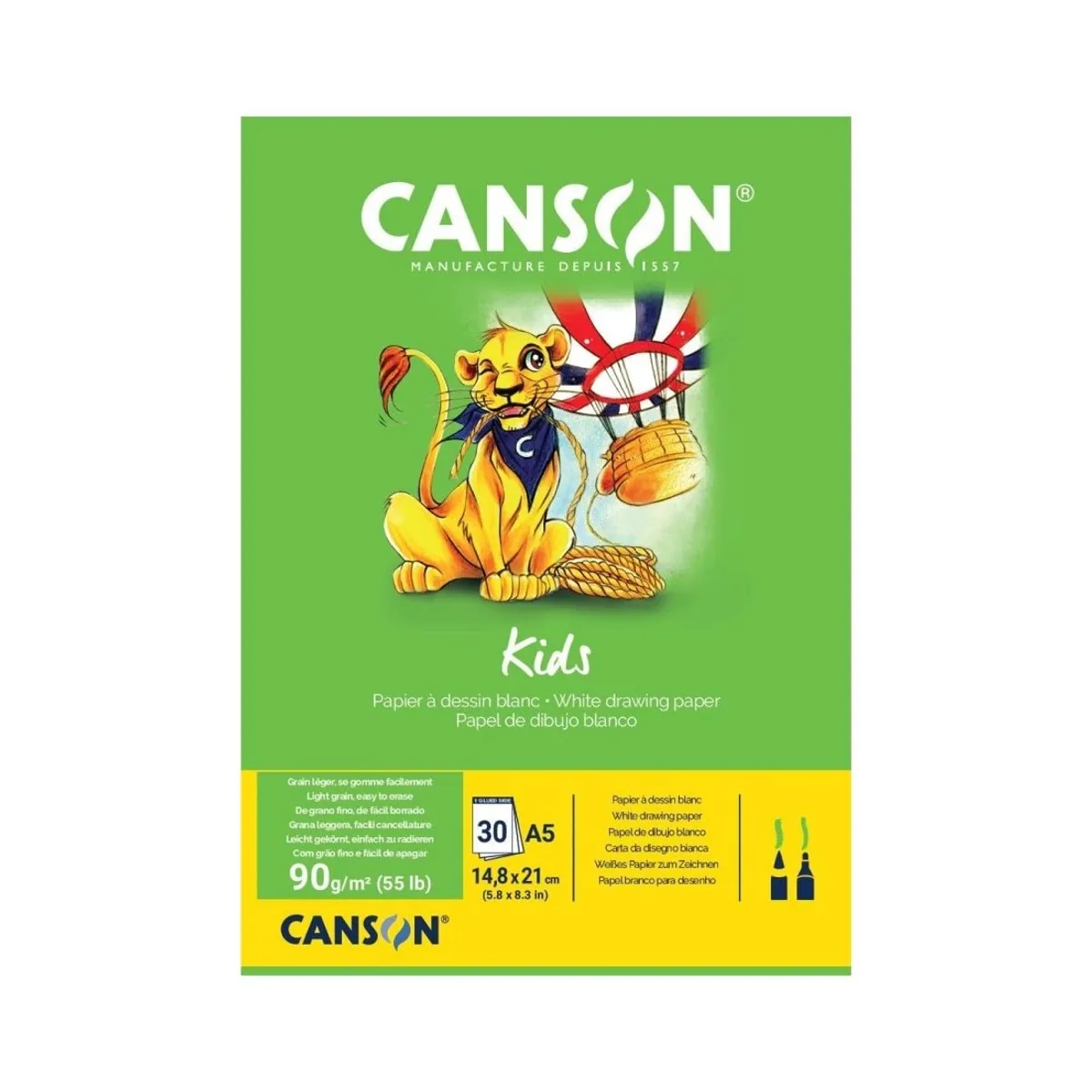 Скицник CANSON KIDS Drawing, за моливи, маркери, пастели, A5, 90 г/кв.м, light grain, 30 л.