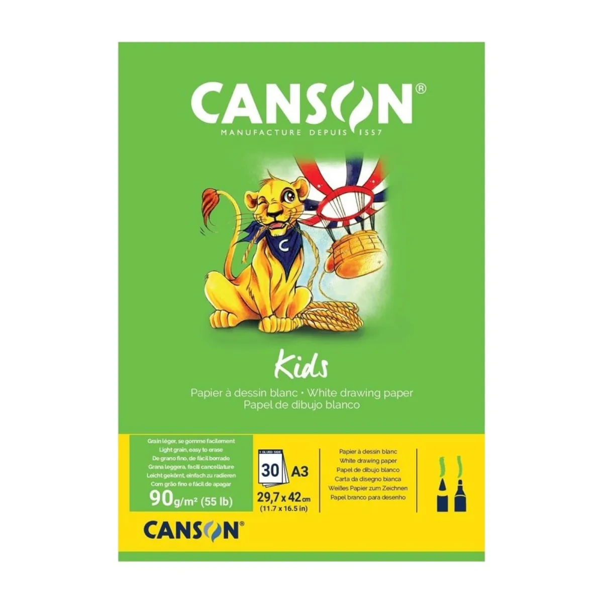 Скицник CANSON KIDS Drawing, за моливи, маркери, пастели, A3, 90 г/кв.м, light grain, 30 л.