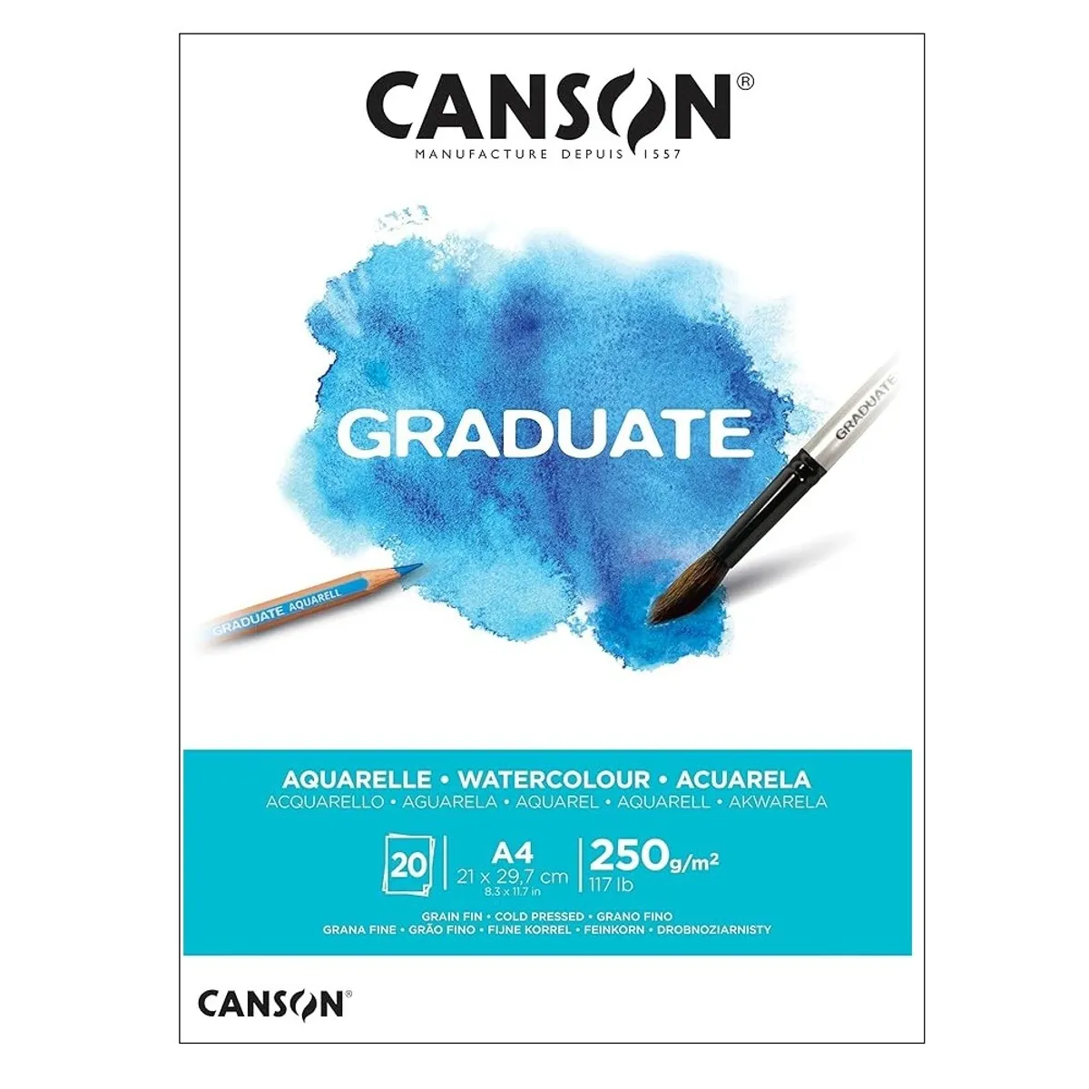 Скицник CANSON GRADUATE Aquarelle, за акварелни бои, A4, 250 г/кв.м, cold pressed, 20 л.
