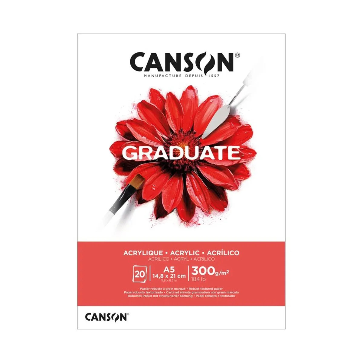 Скицник CANSON GRADUATE Acrylique, за маслени и акрилни бои, A5, 300 г/кв.м, non-woven,20 л