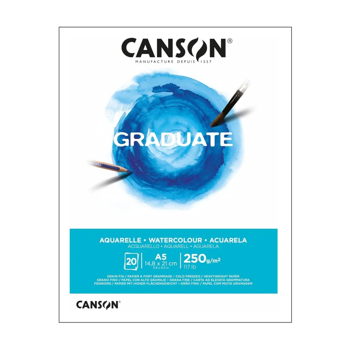 Скицник CANSON GRADUATE Aquarelle, за акварелни бои, A5, 250 г/кв.м, cold pressed, 20 л.