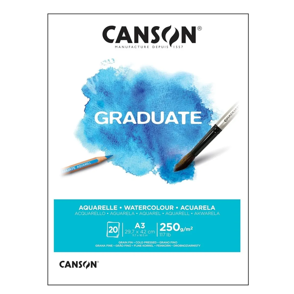 Скицник CANSON GRADUATE Aquarelle, за акварелни бои, A3, 250 г/кв.м, cold pressed, 20 л.