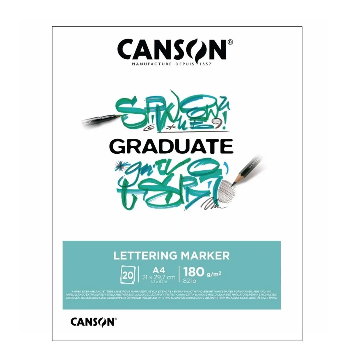 Скицник CANSON GRADUATE Lettering Marker, за маркери, A4, 180 г/кв.м, very smooth, 20 л.