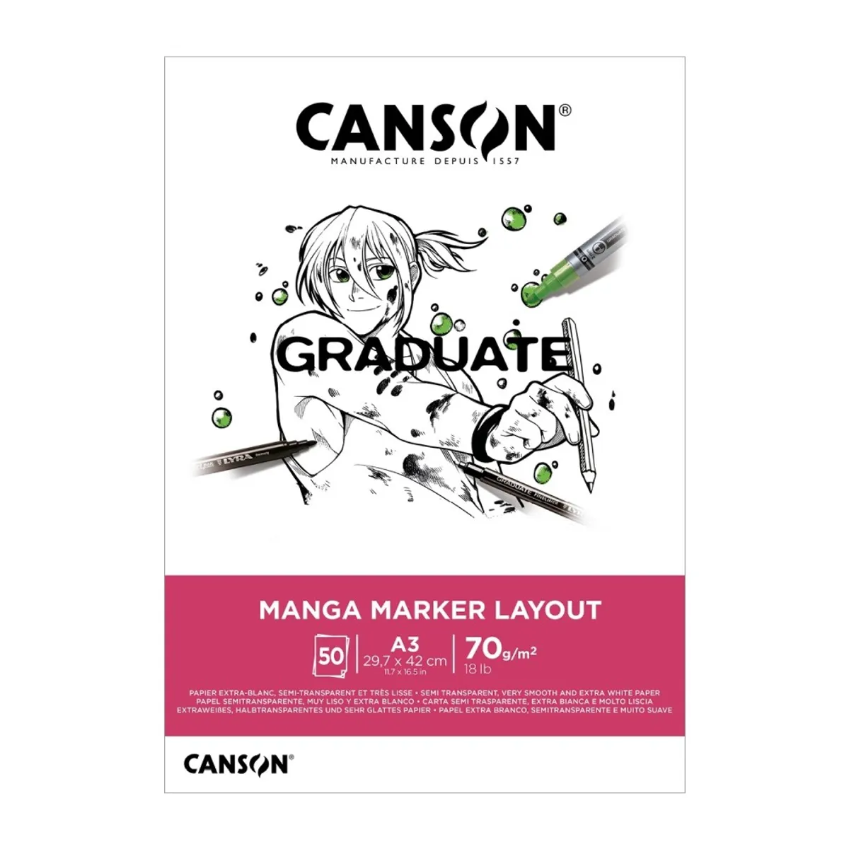 Скицник CANSON GRADUATE Manga Marker Layout, за маркери, A4, 70 г/кв.м, very smooth, 50 л.