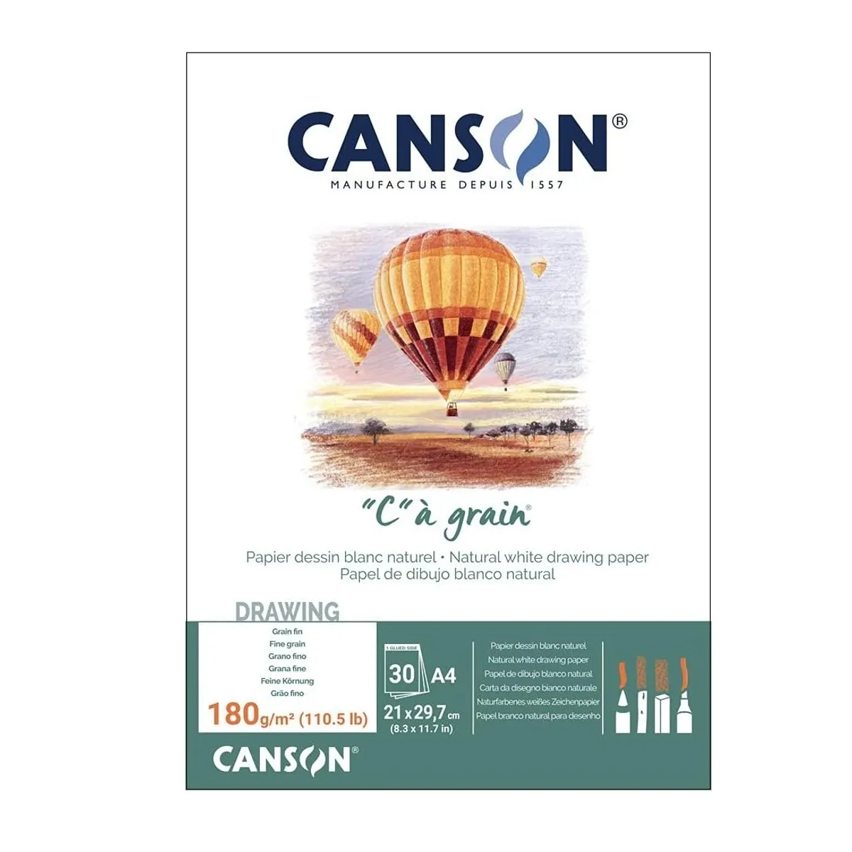 Скицник CANSON "C" a grain, за сухи техники, мастило и темперни бои, A4, 180 г/кв.м, 30 л.