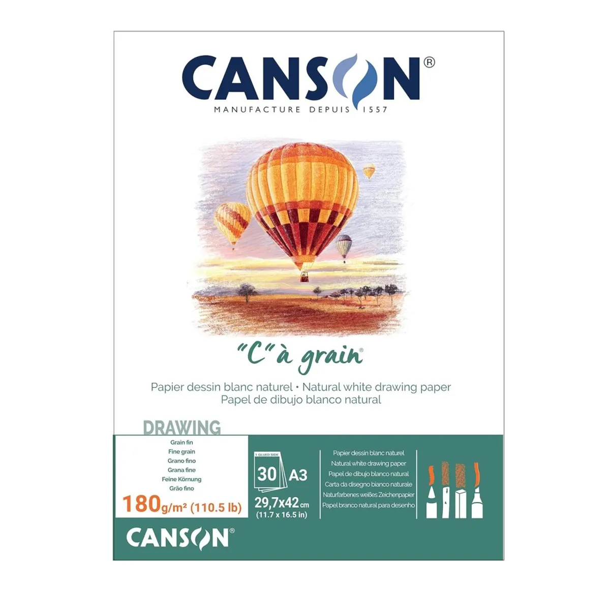 Скицник CANSON "C" a grain, за сухи техники, мастило и темперни бои, A3, 180 г/кв.м, 30 л.