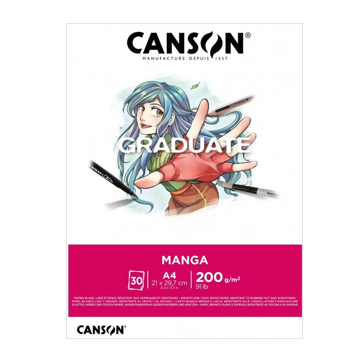 Скицник CANSON GRADUATE Manga, за тънкописци, маркери, акварел, A4, 200 г/кв.м, smooth, 30 л.