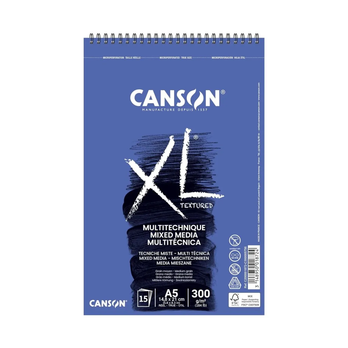 Скицник със спирала CANSON XL Mixed Media Textured,смесени техн, A5, 300 г/кв.м, medium grain, 15 л.