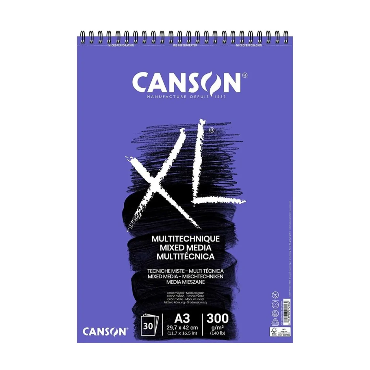 Скицник със спирала CANSON XL Mixed Media Textured, смесени техн,A3, 300 г/кв.м, medium grain, 30 л.