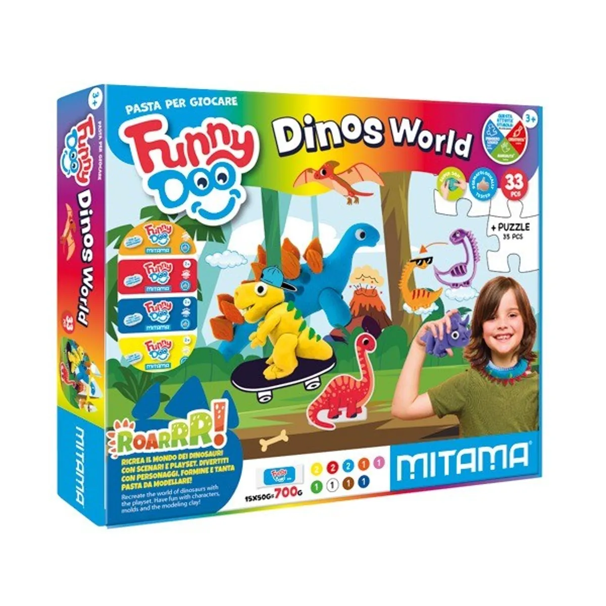 Комплект за моделиране MITAMA Funny Doo Dinos, 15 цвята моделин, с аксесоари, 33 части