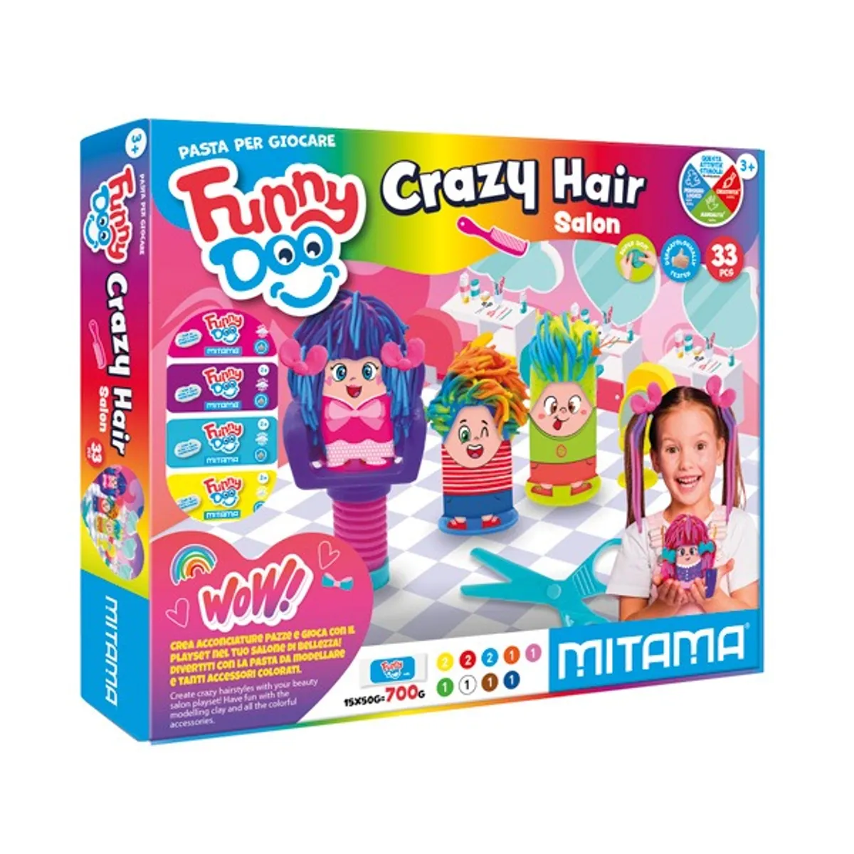 Комплект за моделиране MITAMA Funny Doo Crazy Hair Salon, 15 цвята моделин, с аксесоари, 33 части
