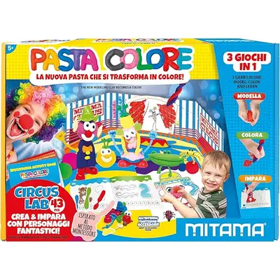 Корица на „Креативен комплект MITAMA Pasta Colore Circus Lab, 10 цвята глина, 26 аксесоара, 2 циркови палатки"