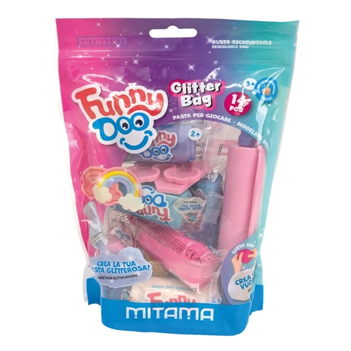 Комплект за моделиране MITAMA Funny Doo GlitterBag, 350 г, 7 цвята моделин, глитерен прах, 14 части