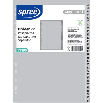 Корица на „Разделител за класьор Spree  - цифри 1 до 31,сив"