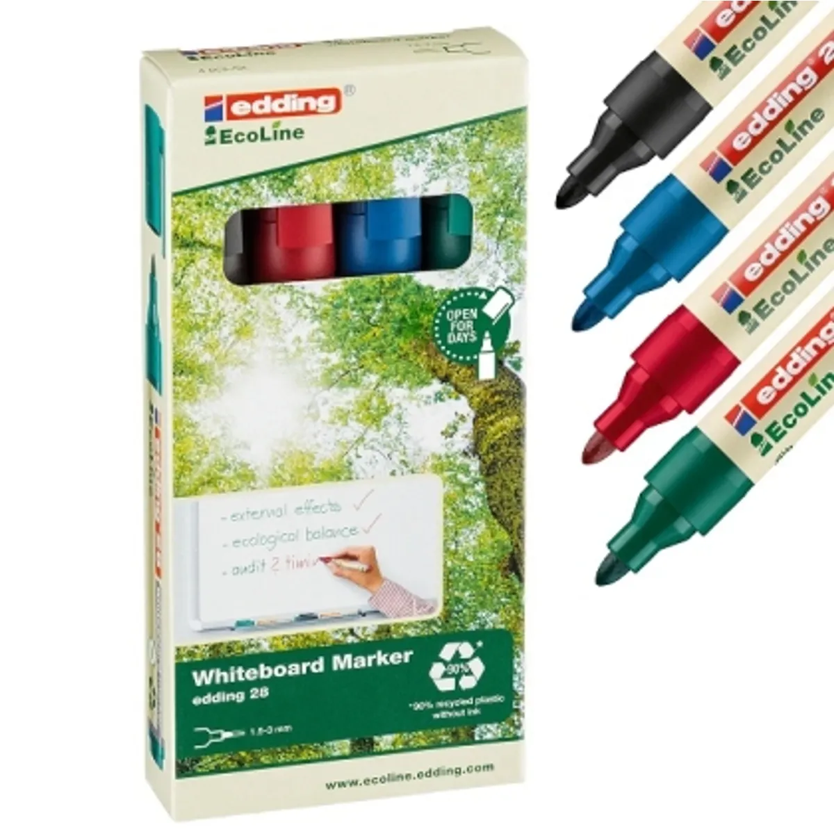 Комплект маркери edding® 28 EcoLine за бяла дъска и флипчарт, 4 цвята