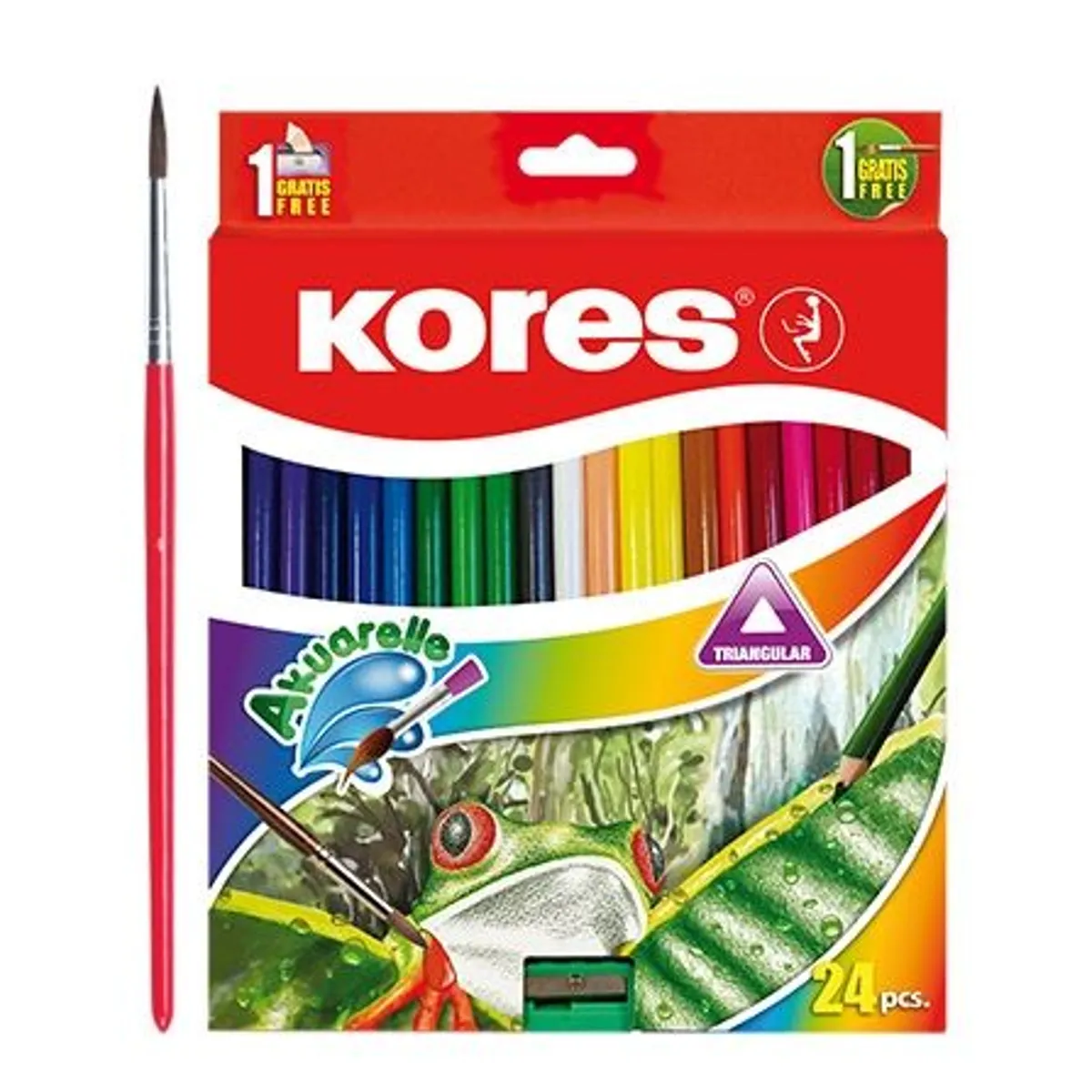 Акварелни моливи KORES Akuarelle триъгълни (кутия от 24 цвята + четка)