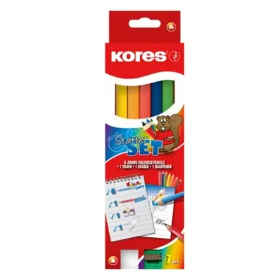 Корица на „Цветни моливи KORES KOLORES JUMBO STARTER, комплект/ 6+1 цвята, гумичка и острилка/“