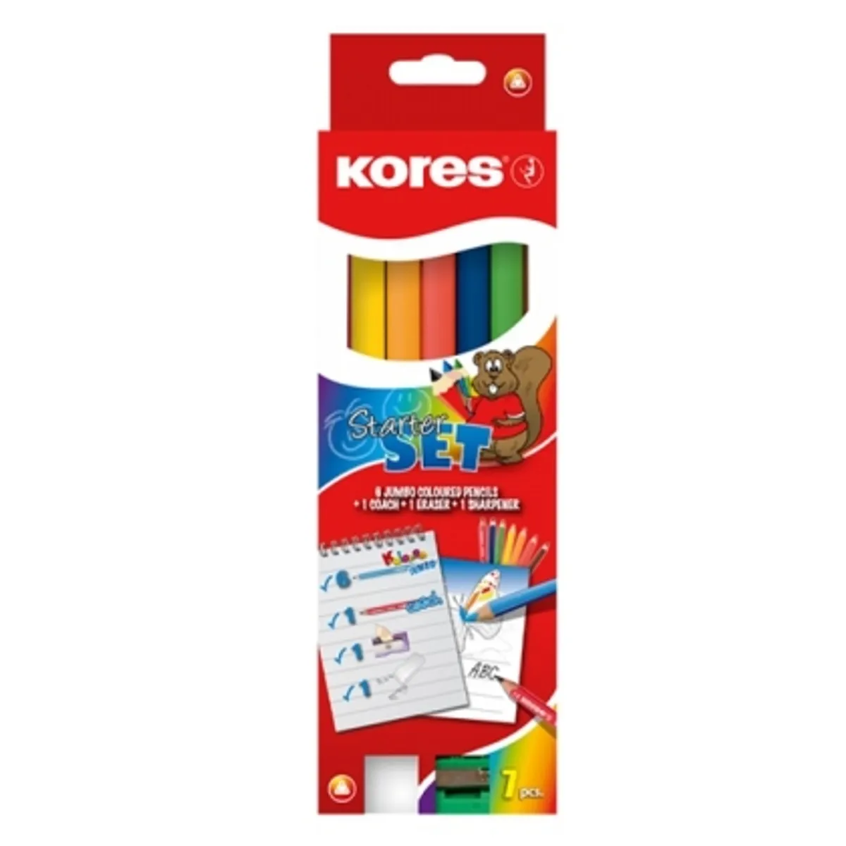 Цветни моливи KORES KOLORES JUMBO STARTER, комплект/ 6+1 цвята, гумичка и острилка/