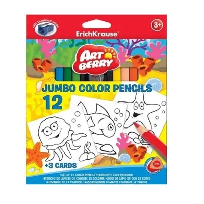 Корица на „Цветни моливи ErichKrause ArtBerry® Jumbo + 3 карти за оцветяване + острилка, 12 цвята“