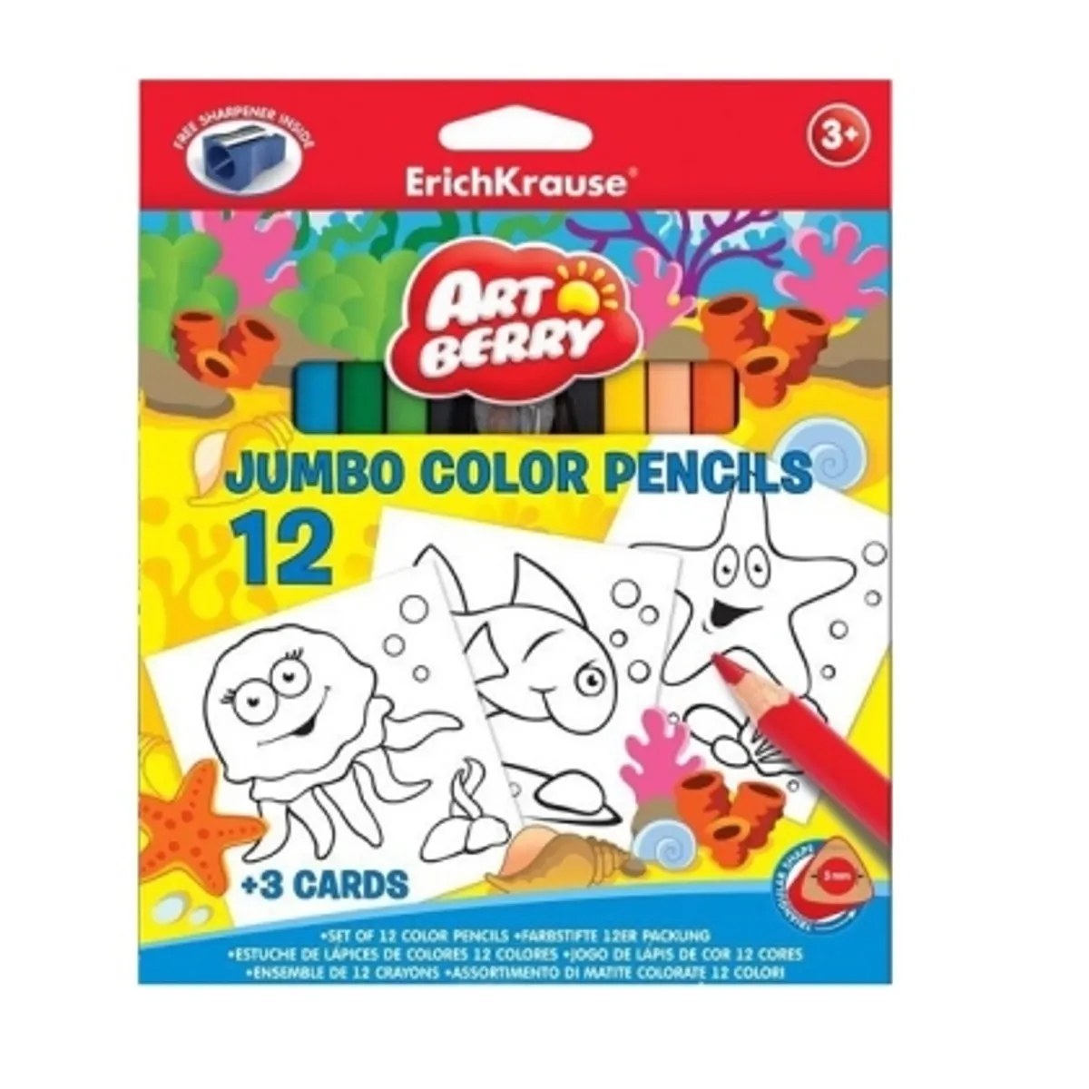 Цветни моливи ErichKrause ArtBerry® Jumbo + 3 карти за оцветяване + острилка, 12 цвята — снимка 1